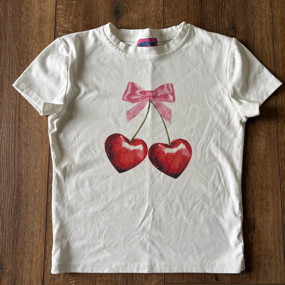 Edikted White Blouse with Red Heart and Pink Bow